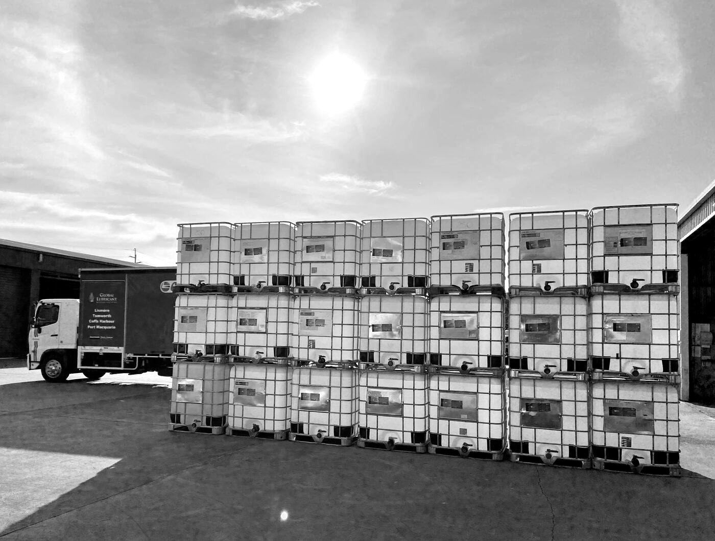 Filled AdBlue IBCs stacked ready for dispatch
