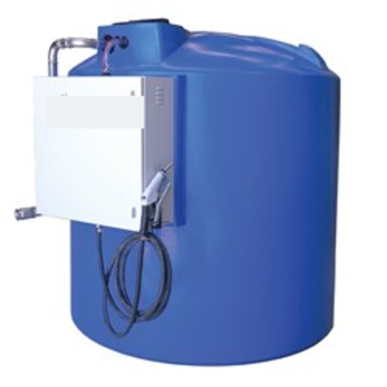 Single-skin AdBlue storage tank with wall-mounted pump