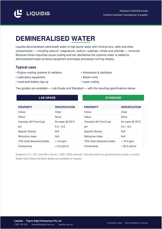 Liquidia Demineralised Water specification sheet