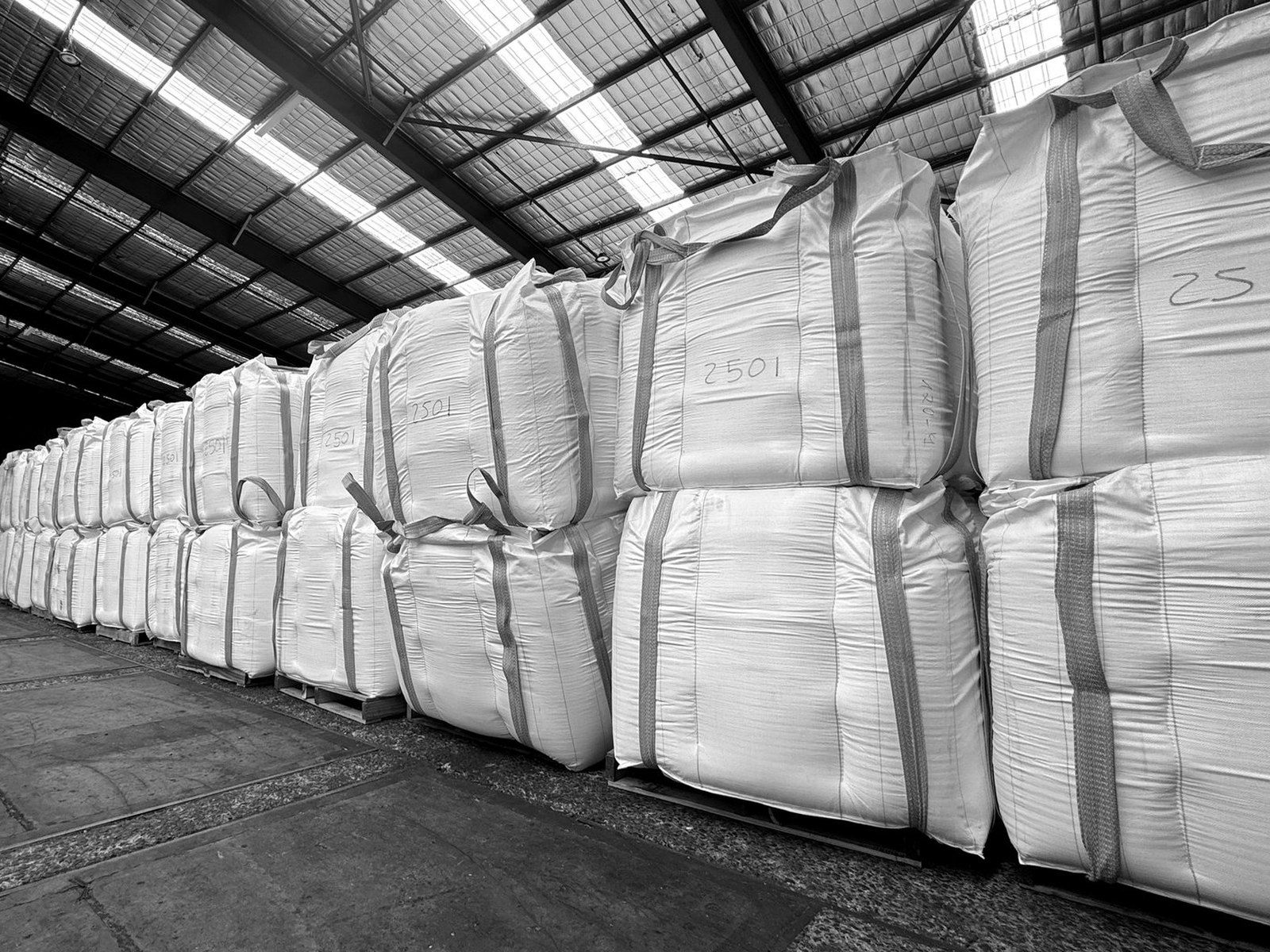 Rows of one-tonne bulk bags of technical-grade urea