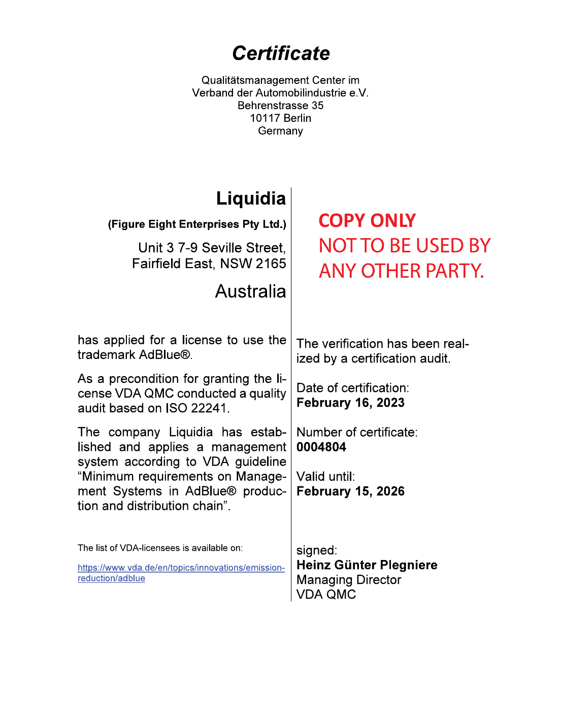Liquidia VDA QMC AdBlue certificate No. 0004804